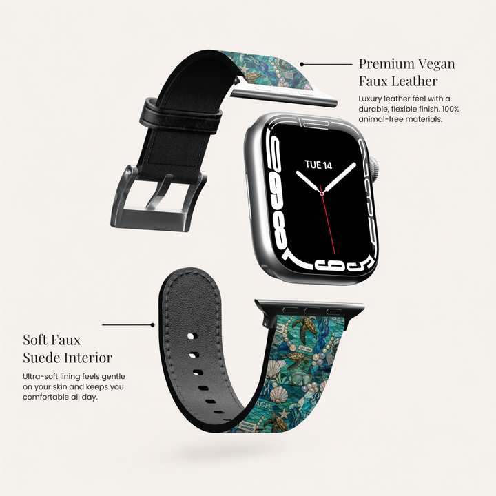 Coastal Mosaic Apple Watch band featuring stained-glass inspired sea turtles, seashells, pearls, and ocean artwork printed on premium vegan leather with stainless steel hardware. Compatible with Apple Watch Series 1–10, SE, Ultra, and Ultra 2.
