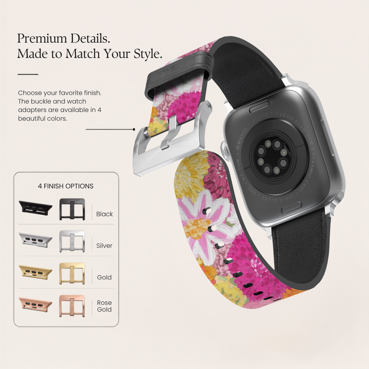 Bloom Belle floral Apple Watch band featuring vibrant pink, yellow, and white flowers printed on premium vegan leather with a soft faux-suede interior and stainless steel buckle. Compatible with Apple Watch Series 1–10, SE, Ultra, and Ultra 2.