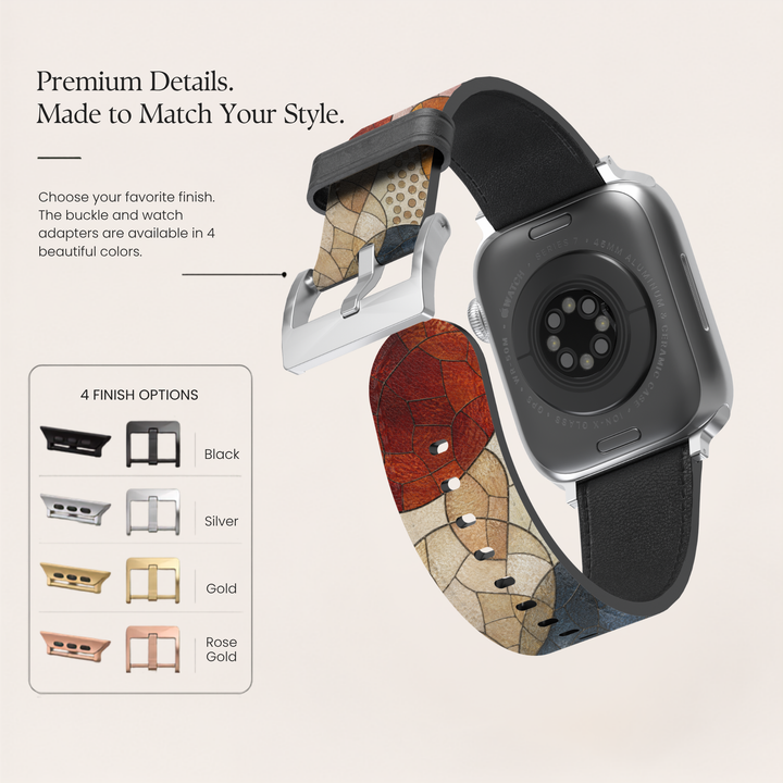 Neutral abstract Apple Watch band featuring terracotta, blush pink, sandstone, taupe, and charcoal mosaic artwork printed on premium vegan leather with a soft faux-suede lining. Compatible with Apple Watch Series 1–10, SE, Ultra, and Ultra 2.