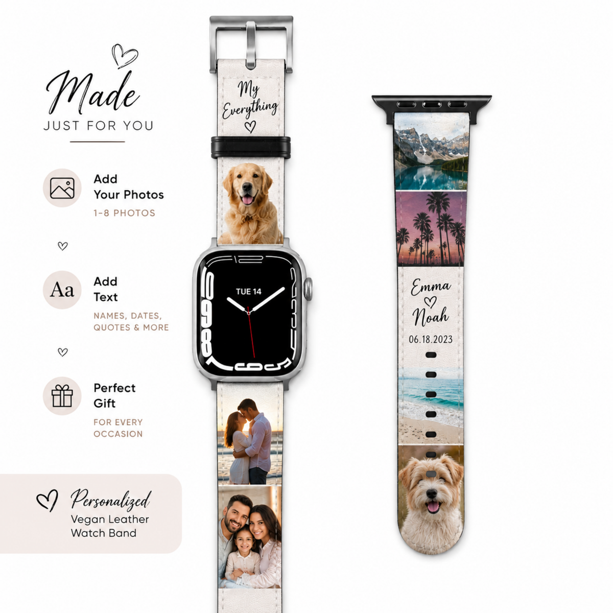 Personalized Apple Watch band featuring custom photo collage printed on premium vegan leather with family, pet, travel, and couple photos, compatible with Apple Watch Series 1–10, SE, and Ultra.
