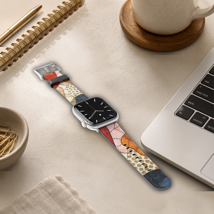 Neutral abstract Apple Watch band featuring terracotta, blush pink, sandstone, taupe, and charcoal mosaic artwork printed on premium vegan leather with a soft faux-suede lining. Compatible with Apple Watch Series 1–10, SE, Ultra, and Ultra 2.