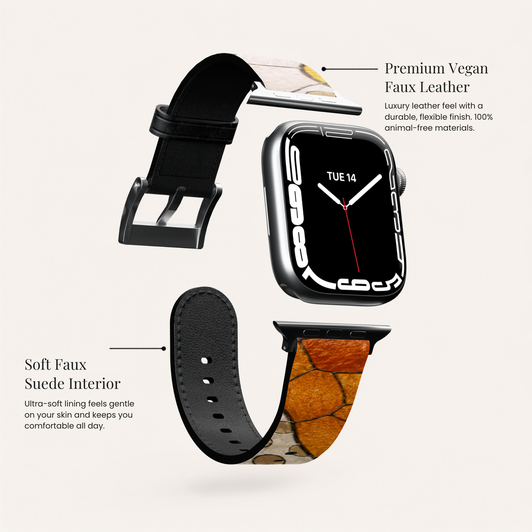 Neutral abstract Apple Watch band featuring terracotta, blush pink, sandstone, taupe, and charcoal mosaic artwork printed on premium vegan leather with a soft faux-suede lining. Compatible with Apple Watch Series 1–10, SE, Ultra, and Ultra 2.