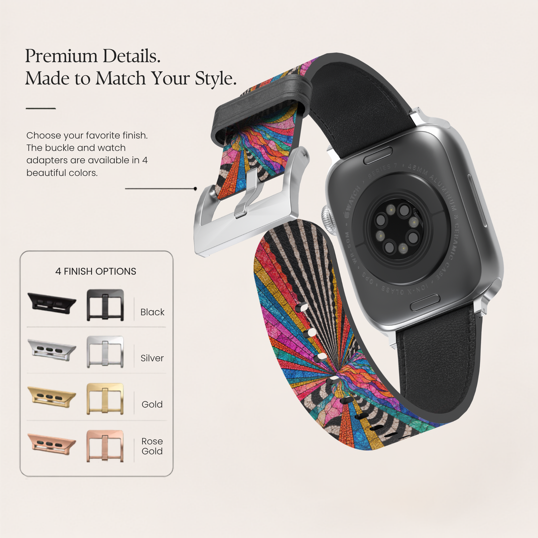 Lifestyle image of a colorful stained glass Apple Watch band featuring vibrant abstract mosaic artwork with rainbow colors, zebra accents, and premium vegan leather, shown in feminine desk setting. Compatible with Apple Watch Series 1–10, SE, Ultra, and Ultra 2.