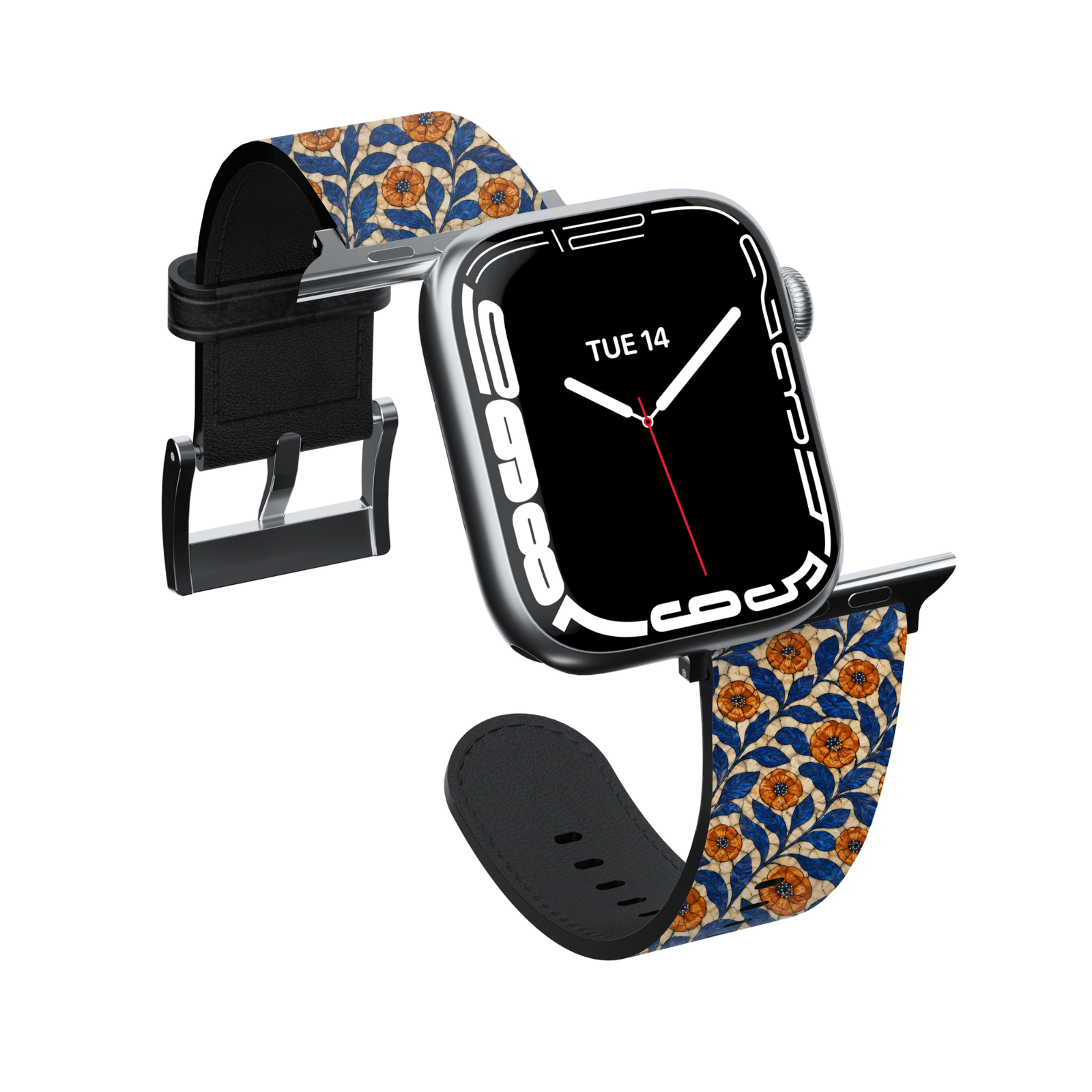 Azure Bloom floral Apple Watch band featuring cobalt blue leaves and amber orange flowers printed on premium vegan leather with soft faux-suede lining and stainless steel hardware. Compatible with Apple Watch Series 1–10, SE, Ultra, and Ultra 2.