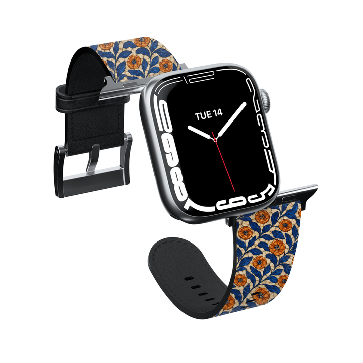 Azure Bloom floral Apple Watch band featuring cobalt blue leaves and amber orange flowers printed on premium vegan leather with soft faux-suede lining and stainless steel hardware. Compatible with Apple Watch Series 1–10, SE, Ultra, and Ultra 2.