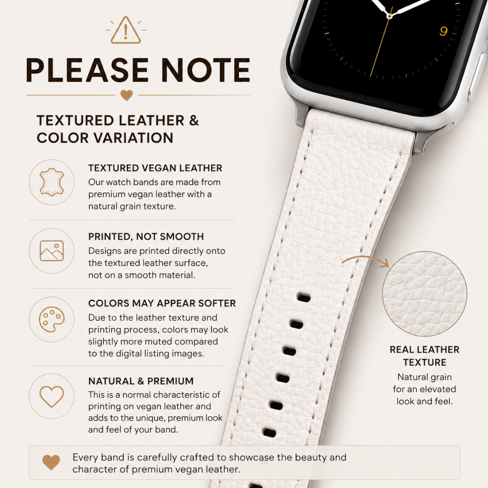 An informational graphic for a smartwatch band, showing a close-up of a white textured leather band attached to a silver watch. The left side contains text explaining that the watch bands are made of textured vegan leather, printed directly onto the surface, and may appear slightly muted compared to digital listings.