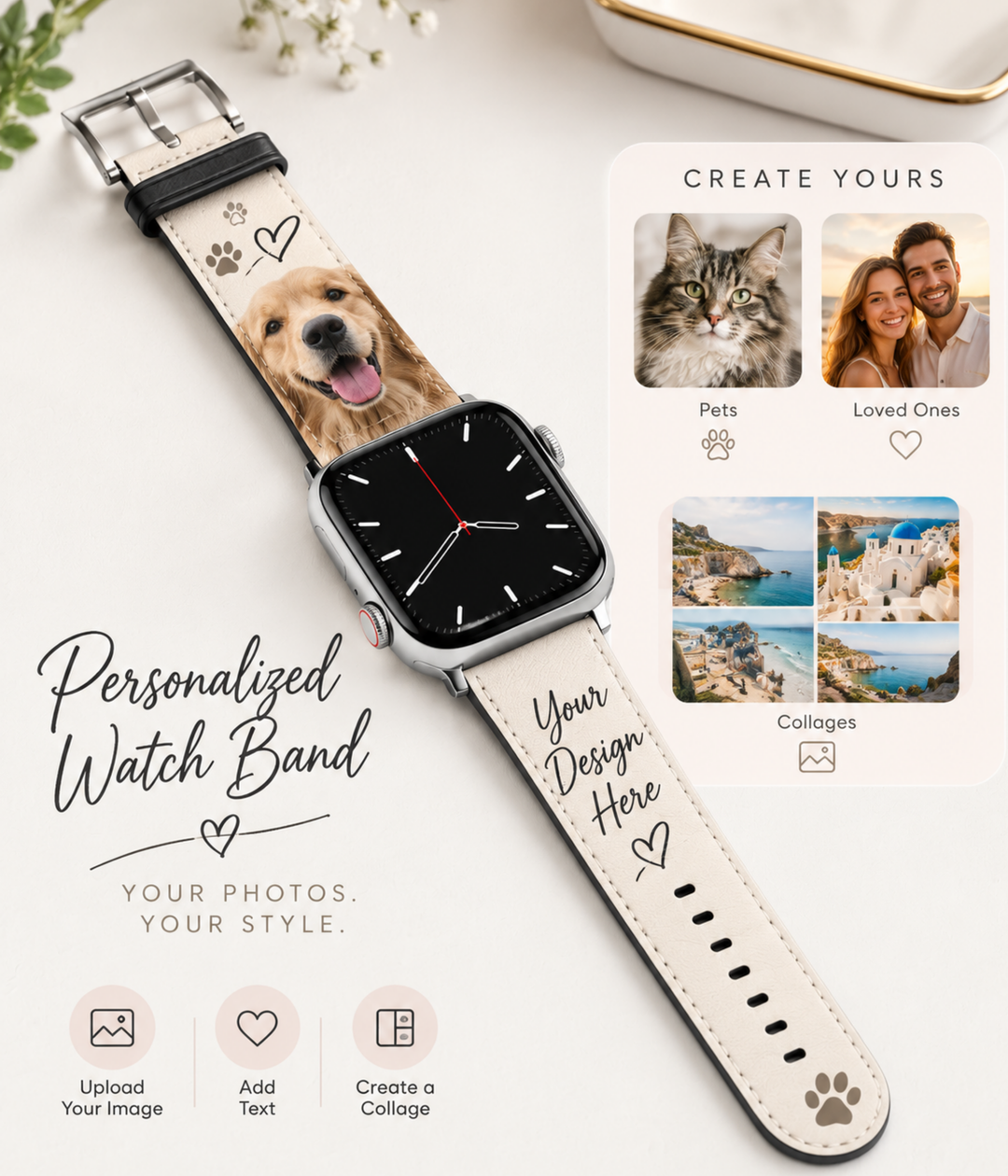 Personalized Apple Watch band featuring custom photo collage printed on premium vegan leather with family, pet, travel, and couple photos, compatible with Apple Watch Series 1–10, SE, and Ultra.