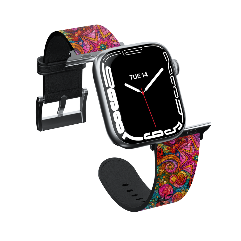 Colorful stained glass Apple Watch band featuring vibrant pink, orange, blue, and purple mosaic artwork with whimsical stars and abstract patterns printed on premium vegan leather. Compatible with Apple Watch Series 1–10, SE, Ultra, and Ultra 2.