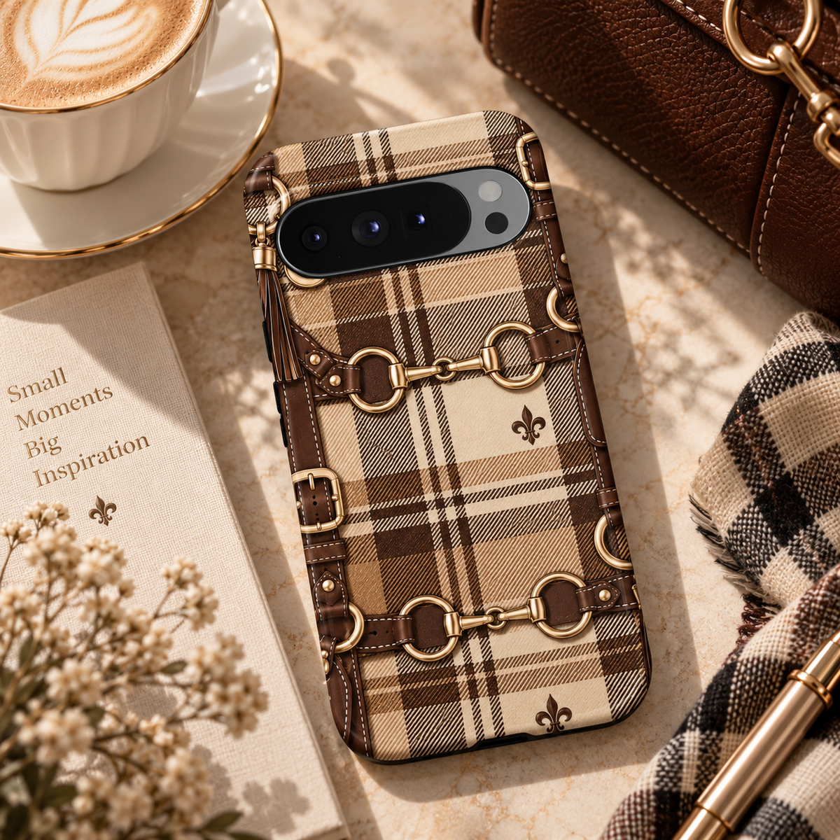 Cashmere Plaid Google Pixel case featuring camel, chocolate and ivory plaid with brown leather-style straps, gold horse-bit hardware, buckles and tassels.