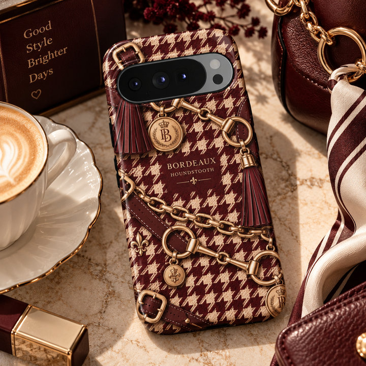 Bordeaux Houndstooth Google Pixel case featuring burgundy and cream houndstooth with gold chains, equestrian hardware, leather-look straps, tassels and regal medallions.