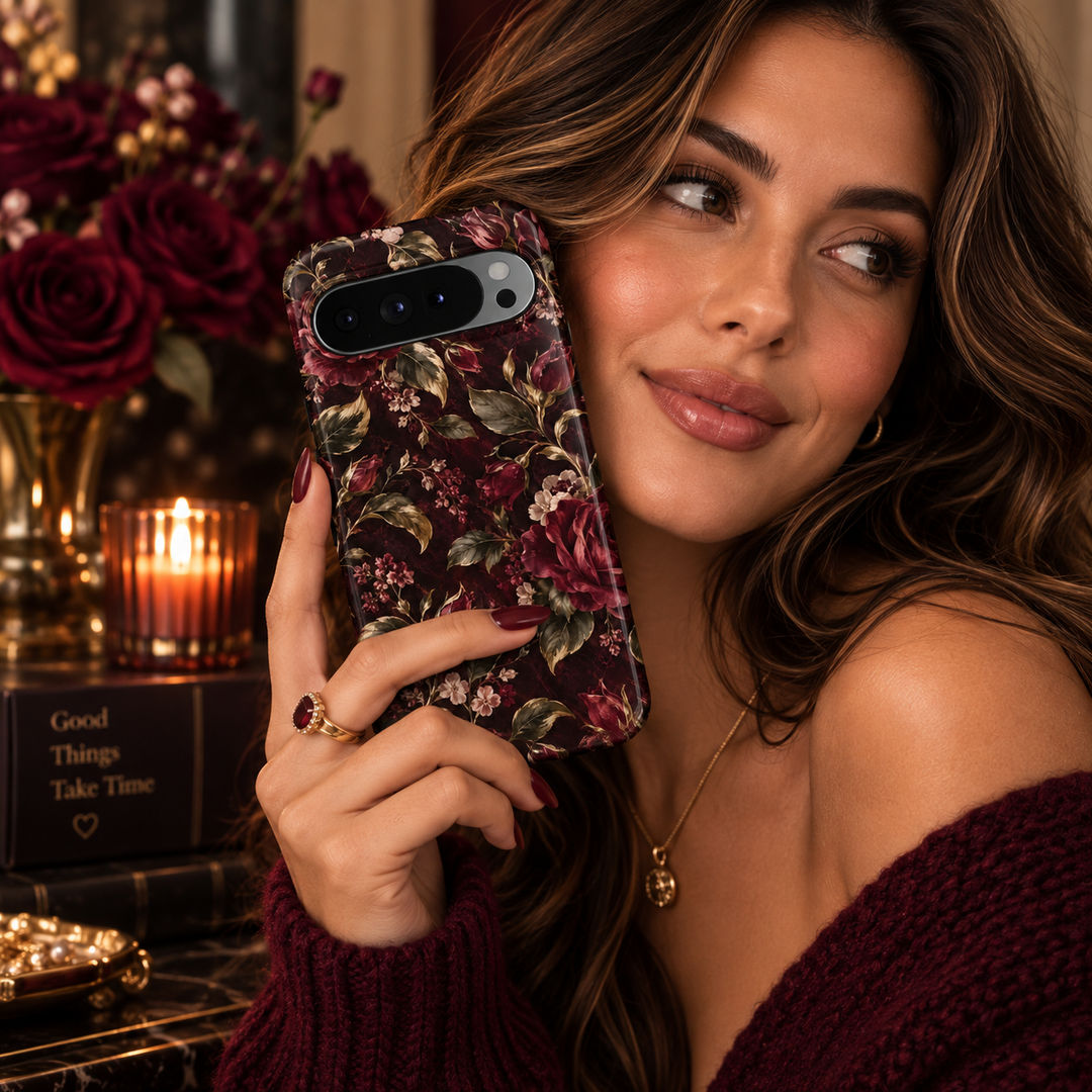 Crimson Heirloom Google Pixel case featuring deep crimson and burgundy roses, blush blossoms and antique olive-gold leaves on a dark wine botanical backgroun