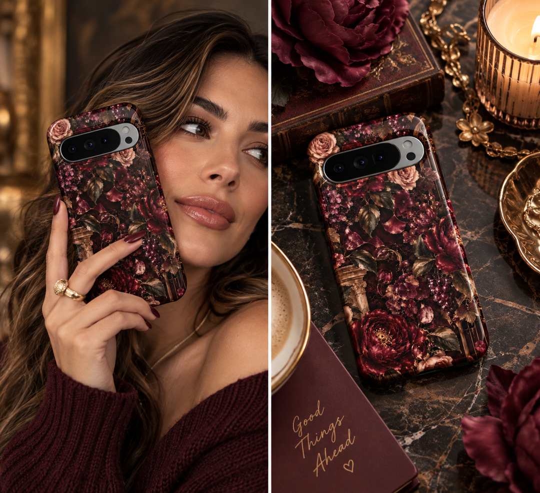 Gothic Burgundy Garden Tapestry Google Pixel case featuring deep burgundy flowers, blush roses, dark botanical leaves, grape clusters and ornate vintage garden details on a dark background.