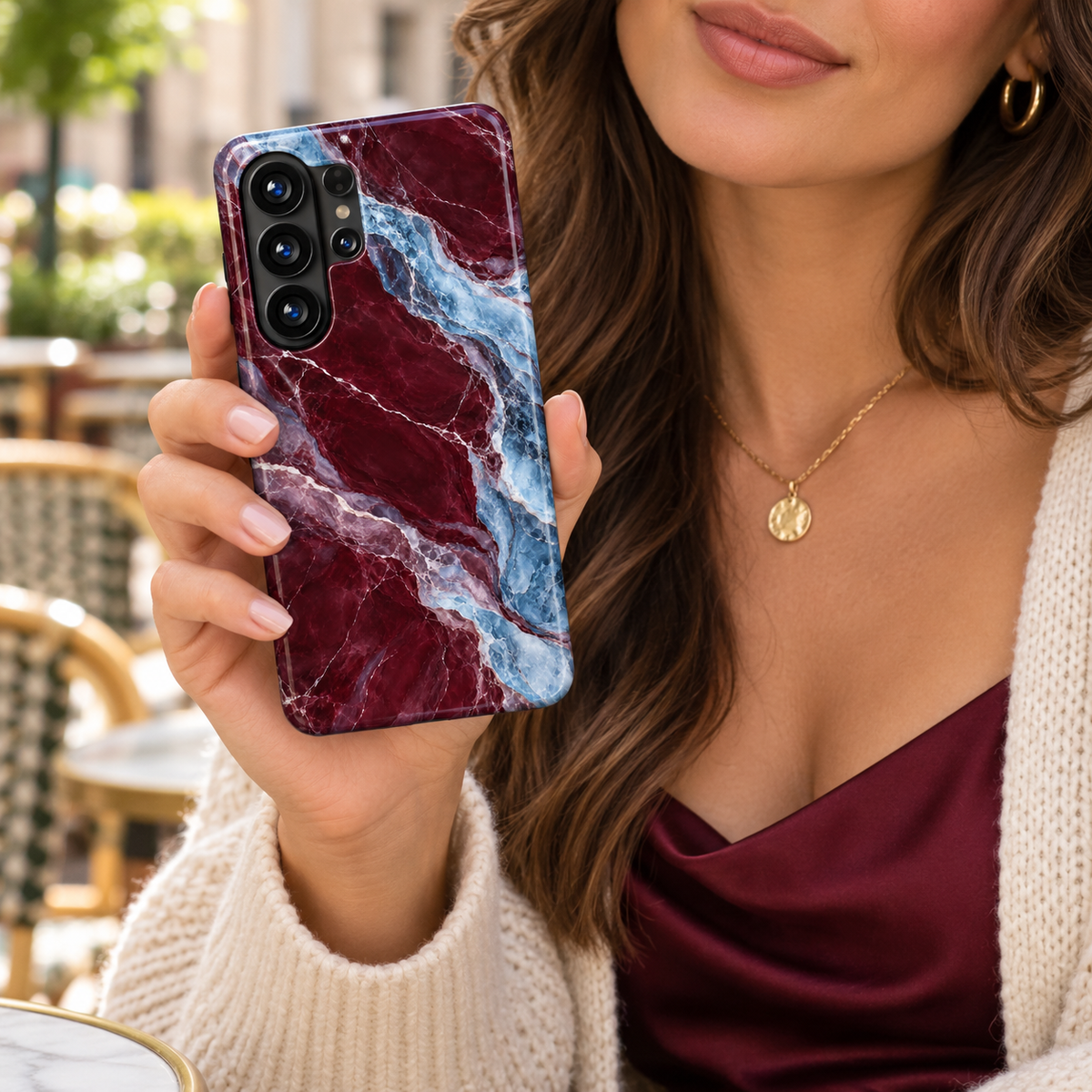 Blue Hour Bordeaux Samsung Galaxy case featuring deep burgundy marble with flowing glacier blue bands, smoky mauve accents, and fine cream veins.