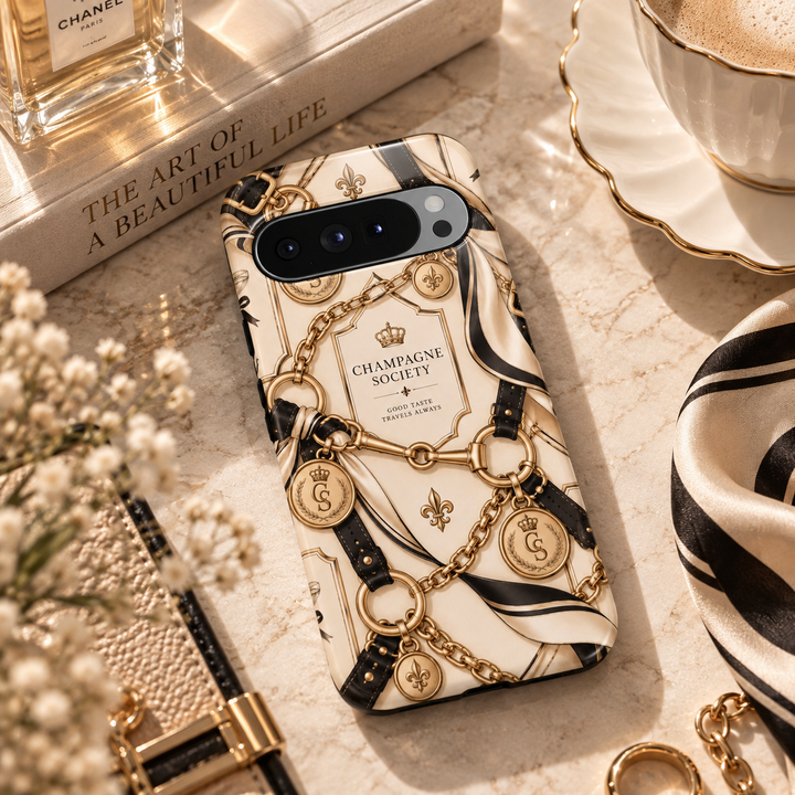 Champagne Society Google Pixel case featuring an ivory background with gold chains, black leather-style straps, cream silk ribbons, fleur-de-lis motifs and regal gold medallions.