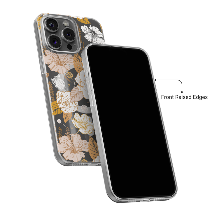 Clear iPhone case with MagSafe featuring elegant yellow and white floral design. Aesthetic protective case for iPhone 15 14 13 Pro Max.