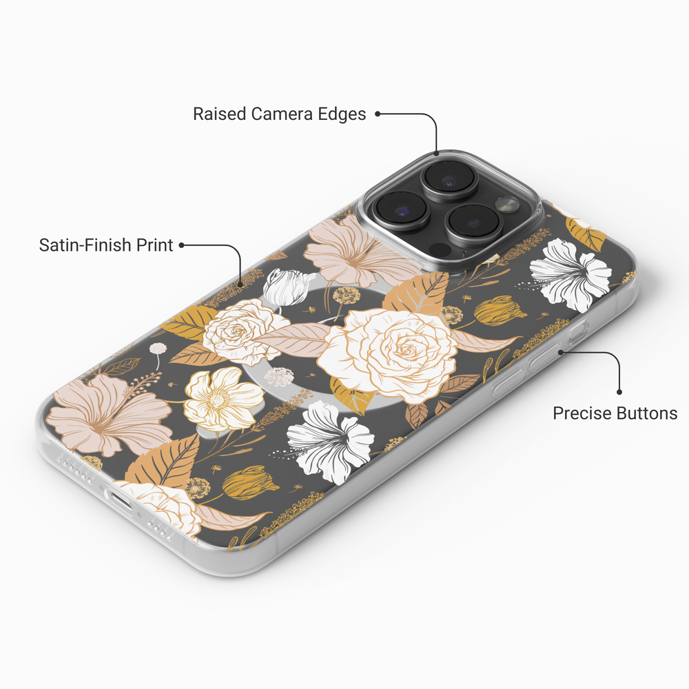 Clear iPhone case with MagSafe featuring elegant yellow and white floral design. Aesthetic protective case for iPhone 15 14 13 Pro Max.