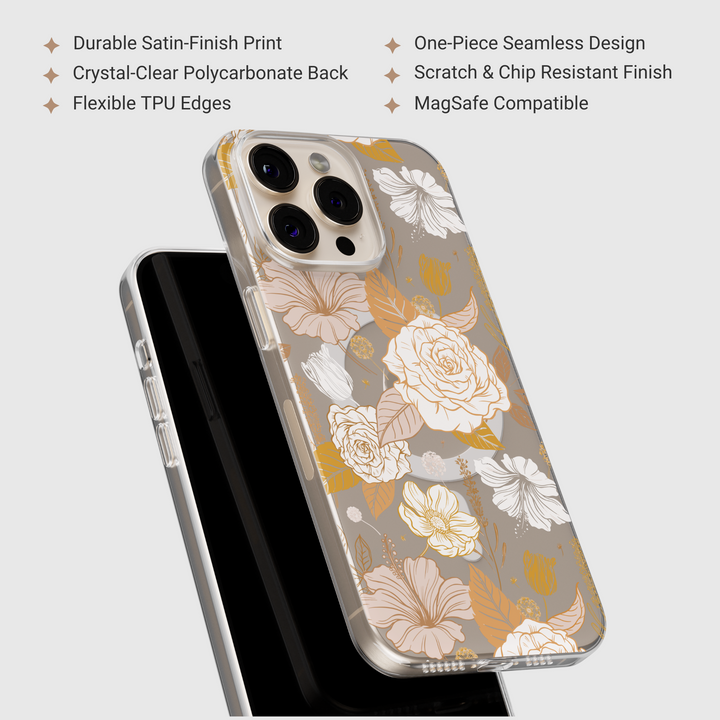Clear iPhone case with MagSafe featuring elegant yellow and white floral design. Aesthetic protective case for iPhone 15 14 13 Pro Max.