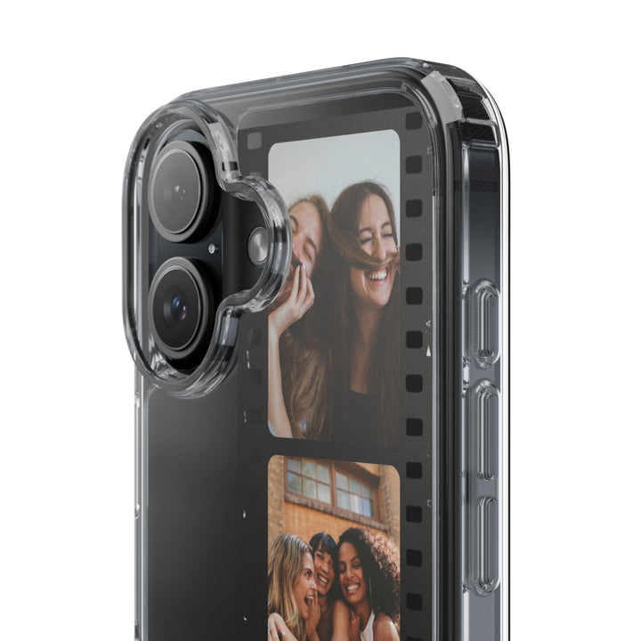 Personalized iPhone case with custom film strip photo design. Create a unique memory phone cover featuring your favorite pictures. Compatible with iPhone 15, 14, 13, 12 Pro Max.