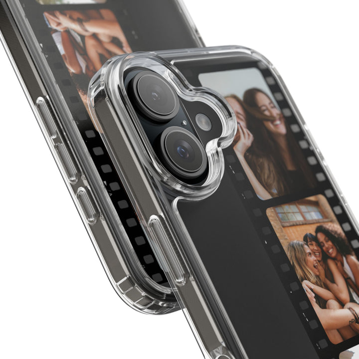 Personalized iPhone case with custom film strip photo design. Create a unique memory phone cover featuring your favorite pictures. Compatible with iPhone 15, 14, 13, 12 Pro Max.