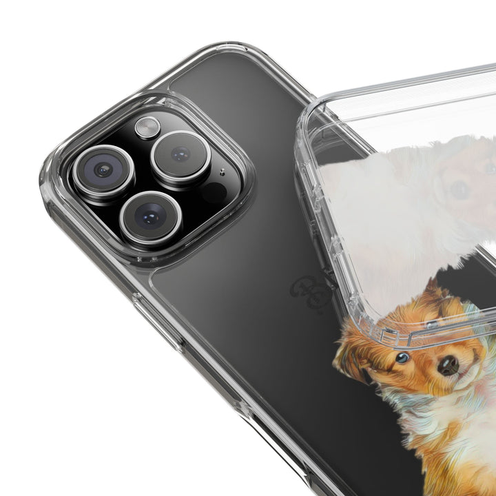 Custom pet portrait iPhone case featuring a realistic dog illustration with a personalized name. Clear phone cover for iPhone 15, 14, 13, 12 Pro Max and more. A perfect personalized gift for pet lovers.