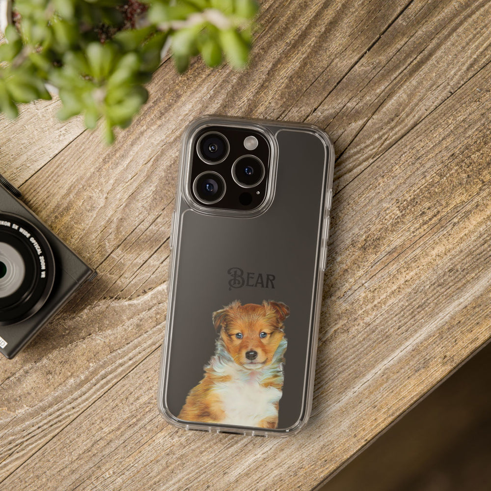 Custom pet portrait iPhone case featuring a realistic dog illustration with a personalized name. Clear phone cover for iPhone 15, 14, 13, 12 Pro Max and more. A perfect personalized gift for pet lovers.