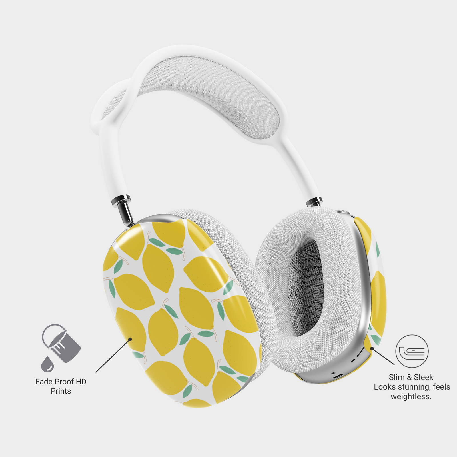 Glossy lemon-themed AirPods Max case cover with yellow lemons and green leaves on white background – summer fruit headphone shell for Apple AirPods Max