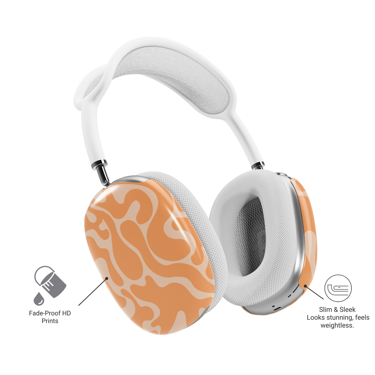 AirPods Max headphones with abstract orange glossy skin cover – protective wrap for Apple over-ear headphones