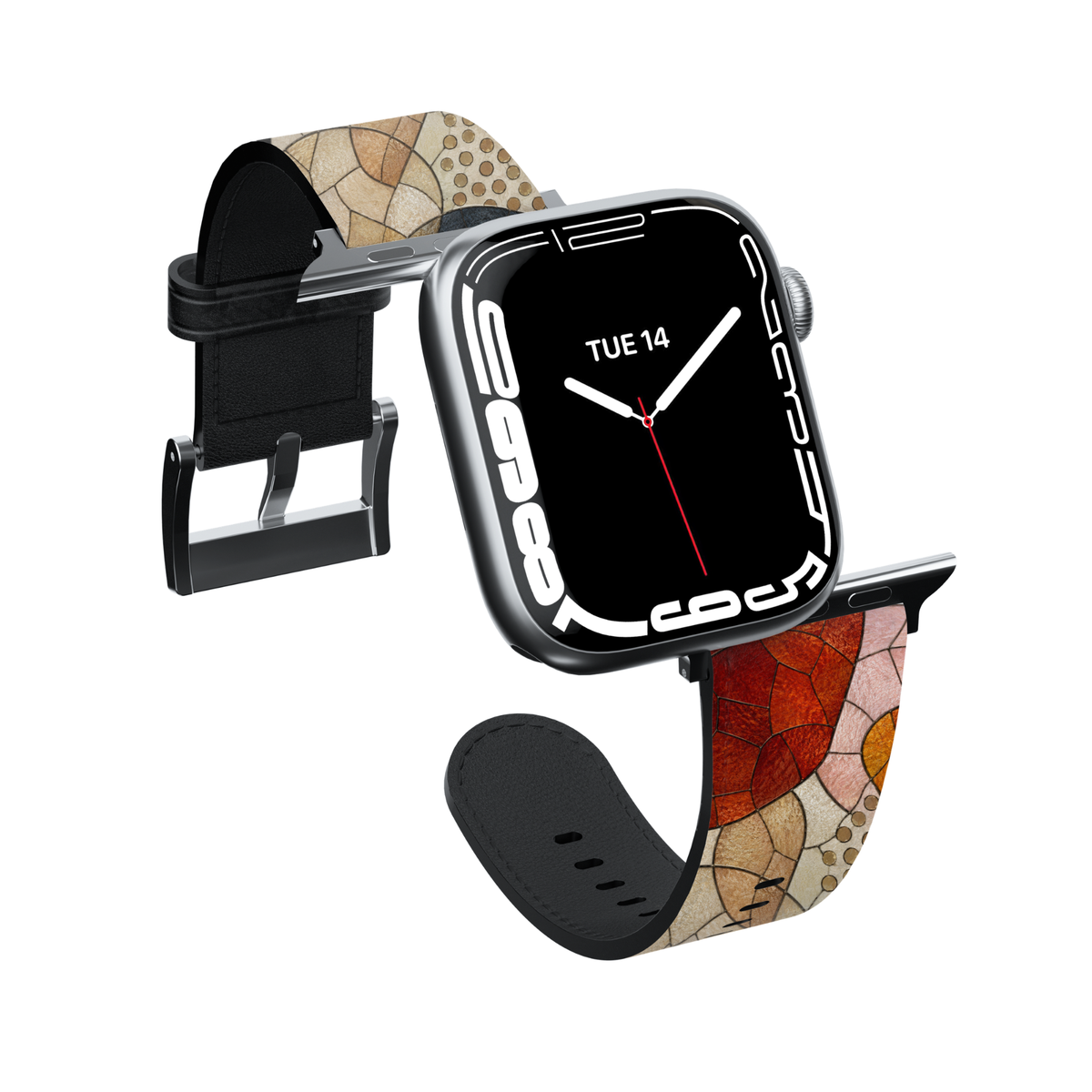 Neutral abstract Apple Watch band featuring terracotta, blush pink, sandstone, taupe, and charcoal mosaic artwork printed on premium vegan leather with a soft faux-suede lining. Compatible with Apple Watch Series 1–10, SE, Ultra, and Ultra 2.