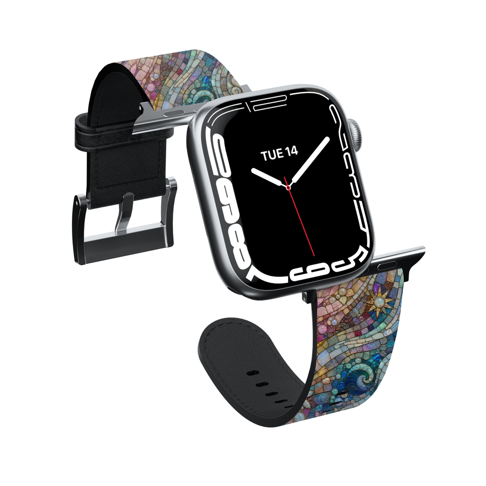 Mermaid Mosaic Apple Watch band featuring pastel stained glass artwork with ocean-inspired blues, pinks, pearls, seashells, and mosaic details printed on premium vegan leather with soft faux-suede lining. Compatible with Apple Watch Series 1–10, SE, Ultra, and Ultra 2.