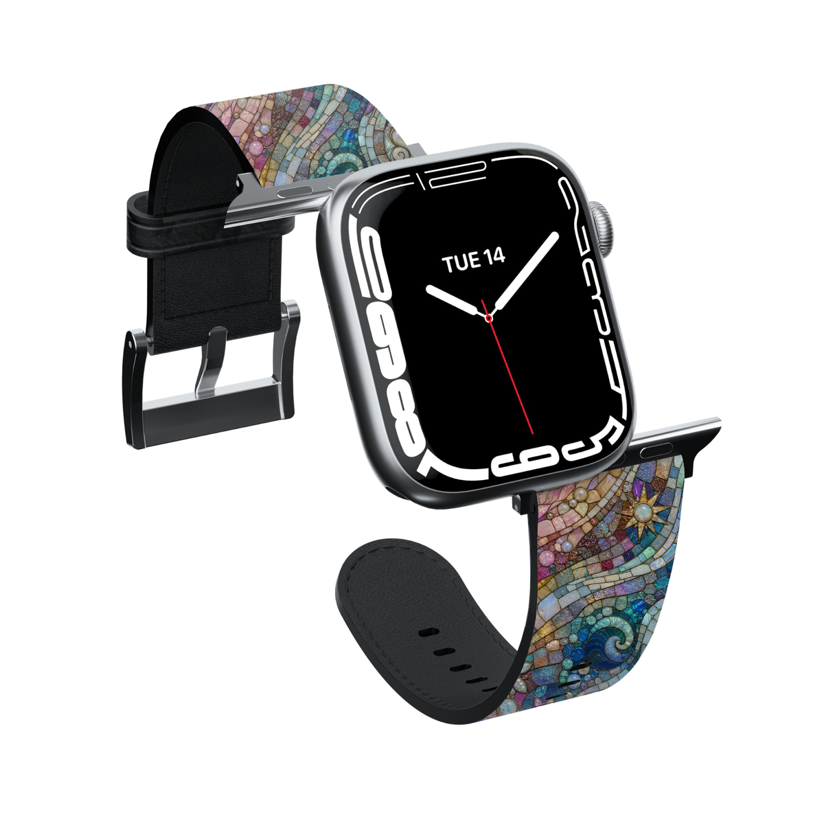 Mermaid Mosaic Apple Watch band featuring pastel stained glass artwork with ocean-inspired blues, pinks, pearls, seashells, and mosaic details printed on premium vegan leather with soft faux-suede lining. Compatible with Apple Watch Series 1–10, SE, Ultra, and Ultra 2.