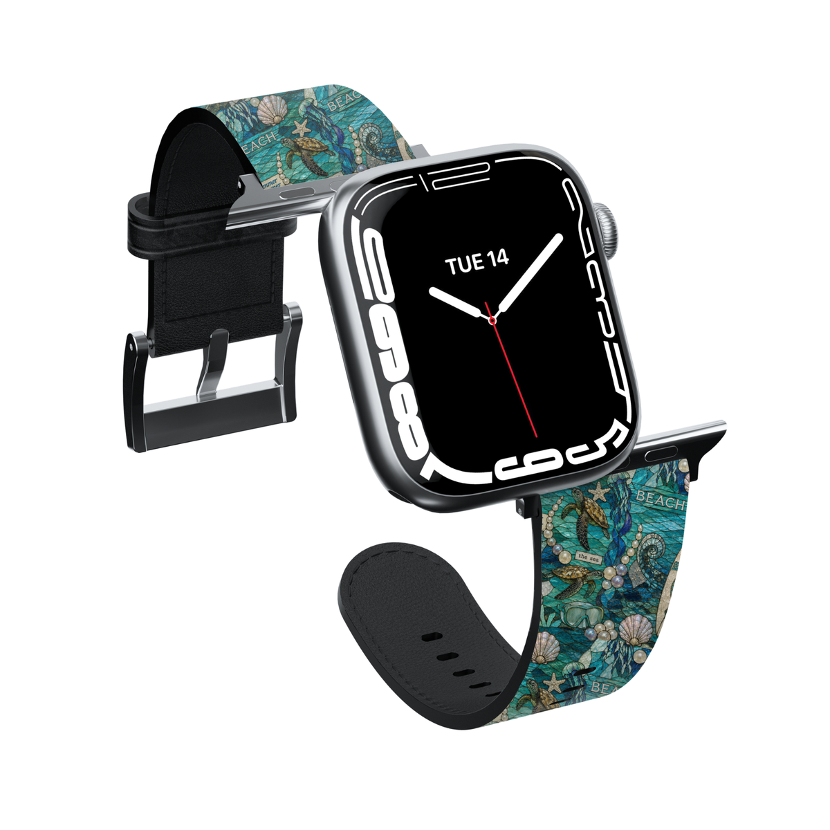 Coastal Mosaic Apple Watch band featuring stained-glass inspired sea turtles, seashells, pearls, and ocean artwork printed on premium vegan leather with stainless steel hardware. Compatible with Apple Watch Series 1–10, SE, Ultra, and Ultra 2.