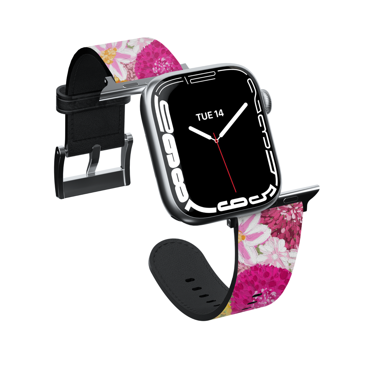 Bloom Belle floral Apple Watch band featuring vibrant pink, yellow, and white flowers printed on premium vegan leather with a soft faux-suede interior and stainless steel buckle. Compatible with Apple Watch Series 1–10, SE, Ultra, and Ultra 2.