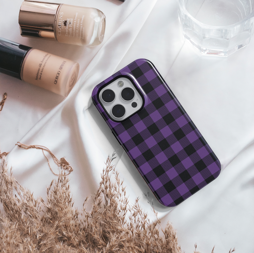 Purple Buffalo Plaid iPhone Case with Orange Monogram – MagSafe iPhone 16 Pro Max Case for Women and Girls