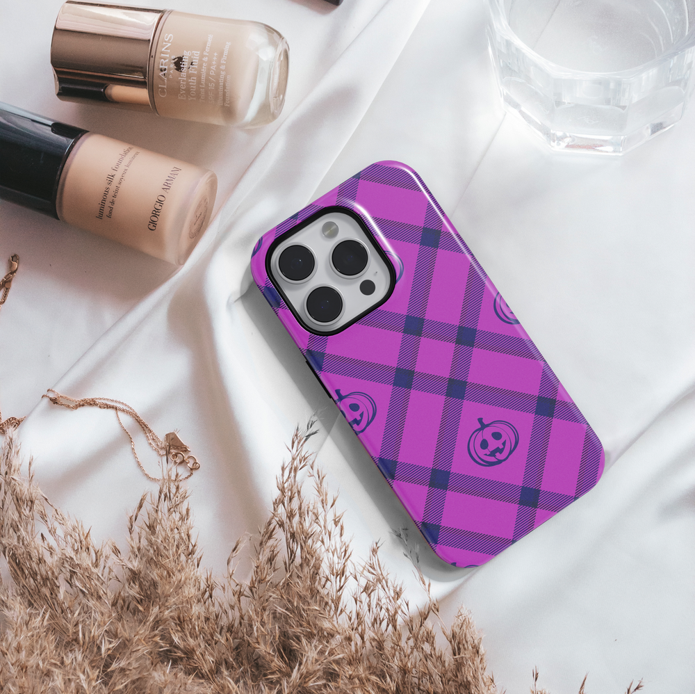 Purple Plaid Halloween iPhone Case with Pumpkins – MagSafe iPhone 16 Pro Max Case for Girls and Women