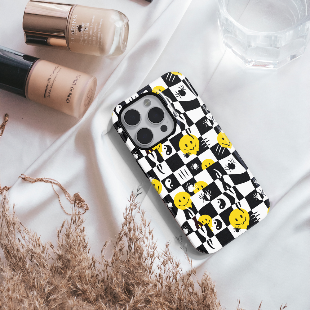 Checkered Halloween iPhone Case with Smiley Faces and Spiders – MagSafe iPhone 16 Pro Max Case for Girls