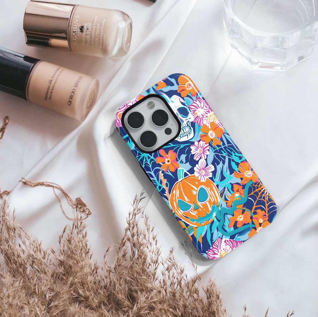 Halloween Floral MagSafe iPhone Case with Pumpkin and Skull – Girly iPhone 16 Pro Max Case for Women