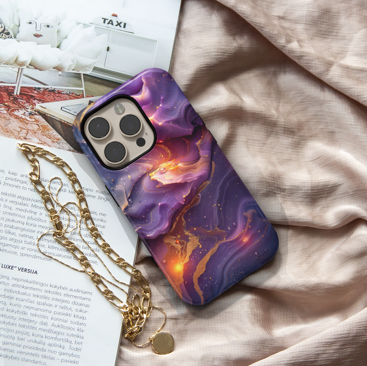 Purple swirl abstract iPhone case with golden accents and cosmic glow – stylish and protective cover for iPhone 16, 15, 14 Pro & Plus with MagSafe support.
