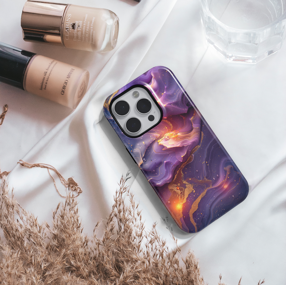Purple swirl abstract iPhone case with golden accents and cosmic glow – stylish and protective cover for iPhone 16, 15, 14 Pro & Plus with MagSafe support.