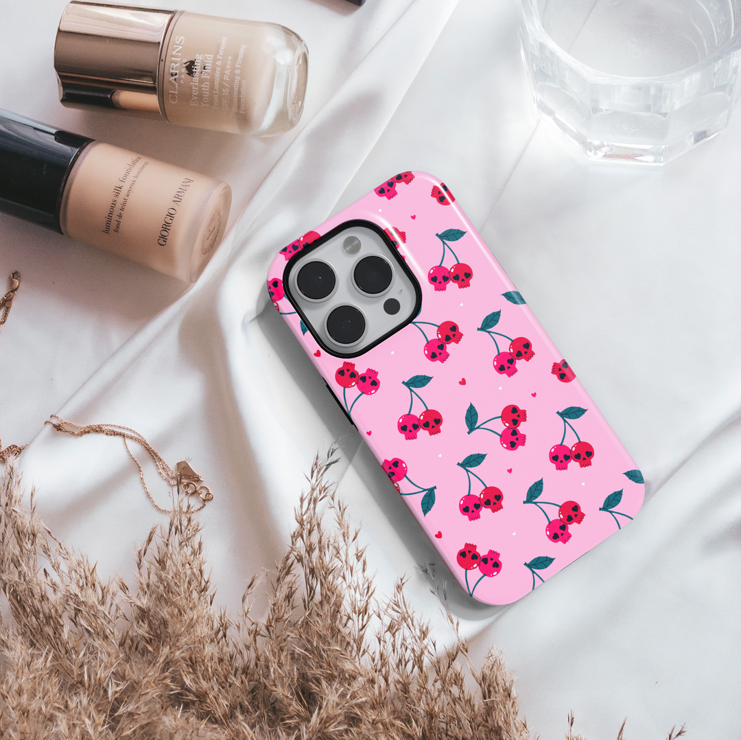 Pink iPhone Case with Cherry Skull Pattern – MagSafe iPhone 16 Pro Max Case for Women