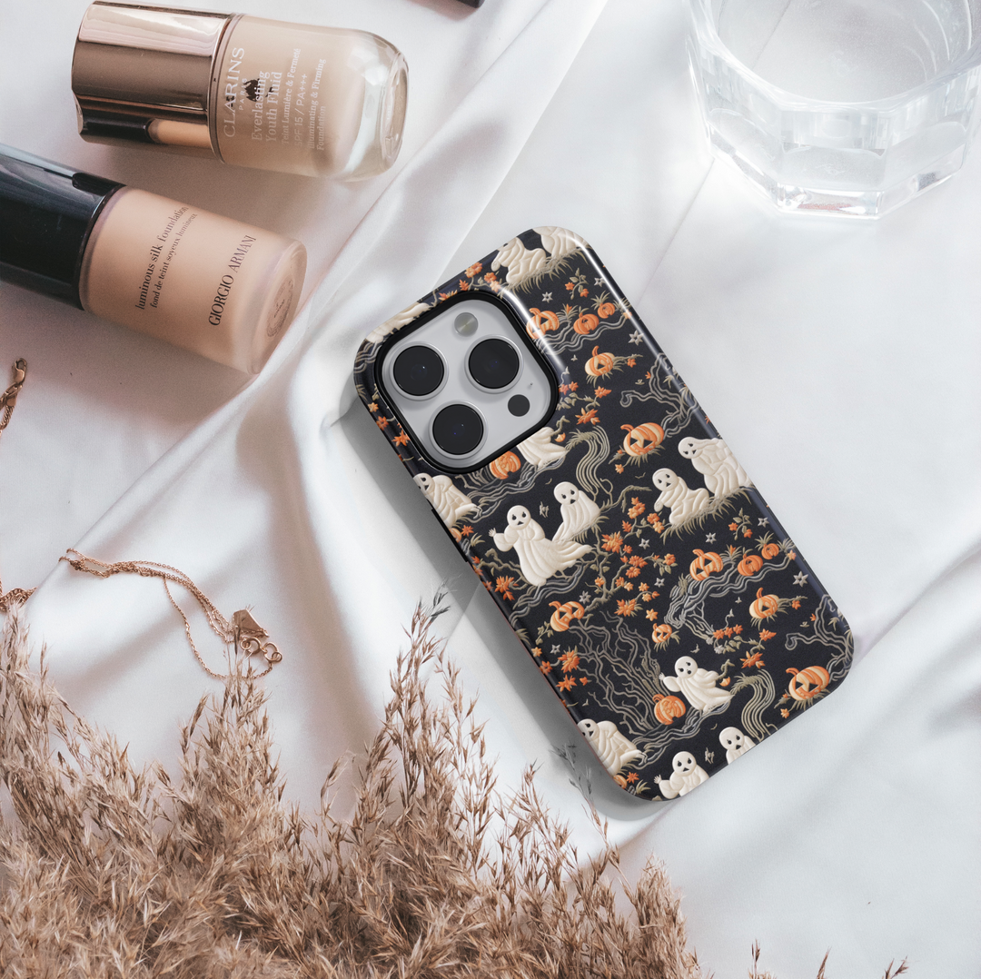 Black iPhone Case with Ghosts, Pumpkins, and Fall Leaves – MagSafe iPhone 16 Pro Max Case for Women

