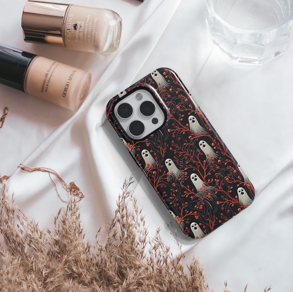Black iPhone Case with Ghost and Red Branches – MagSafe Compatible Monogram iPhone 16 Pro Max Case for Women