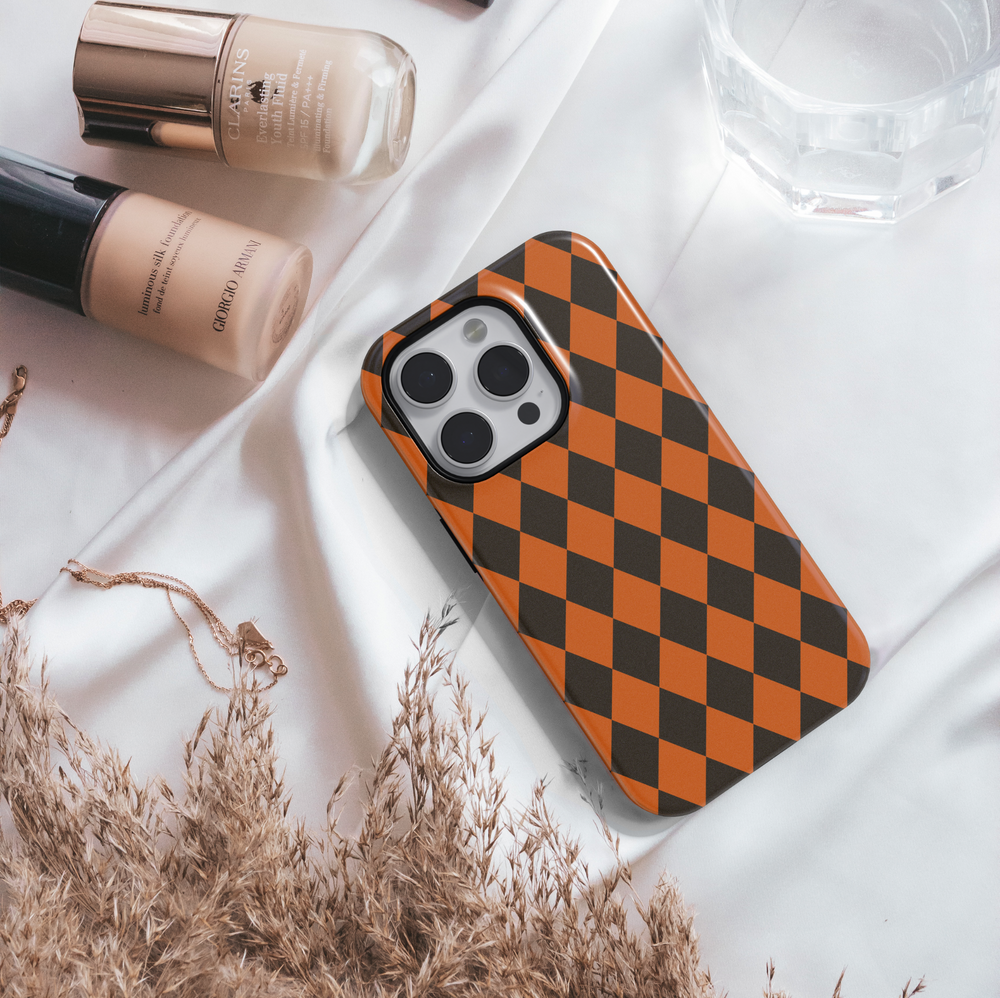 Burnt Orange Diamond Check iPhone Case with Bold Gold Monogram – MagSafe iPhone 16 Pro Max Case for Women