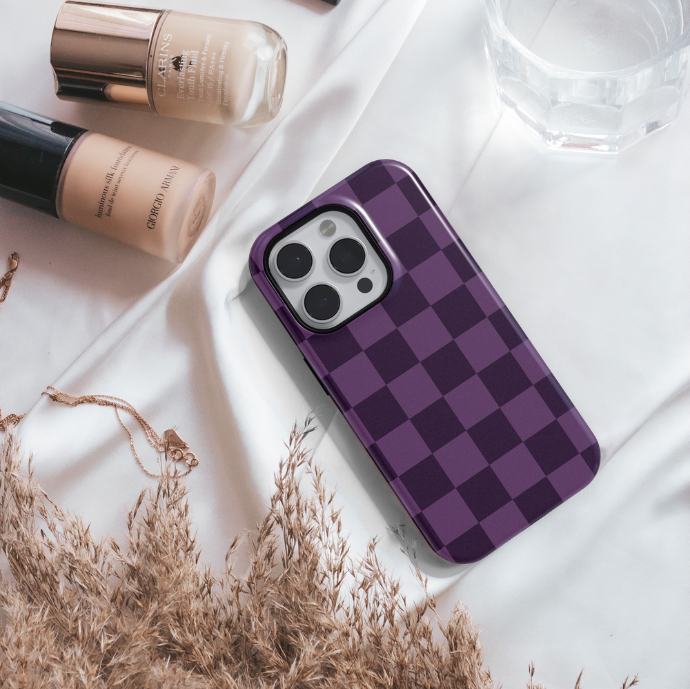 Purple and Black Checkered iPhone Case with Orange Monogram – MagSafe iPhone 16 Pro Max Case for Women