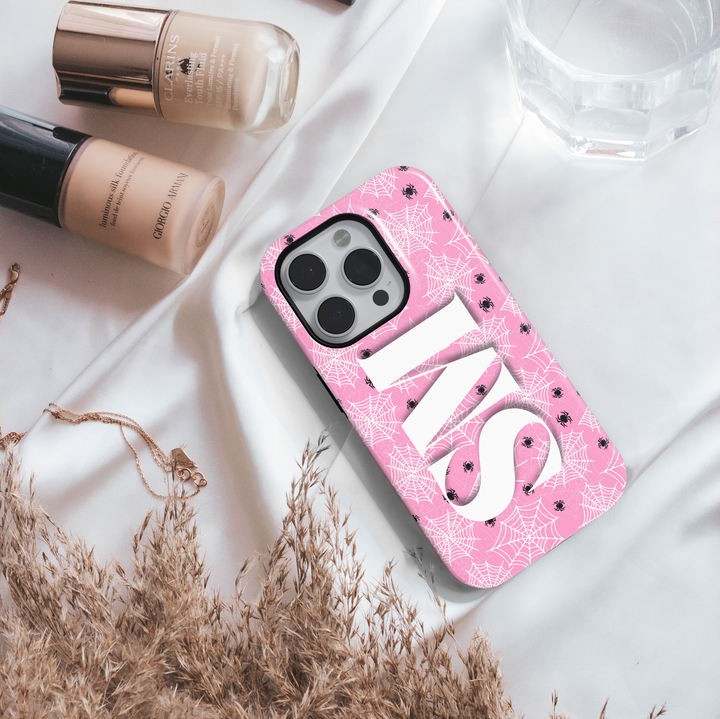 Pink Spiderweb iPhone Case with White Monogram – MagSafe iPhone 16 Pro Max Case for Women