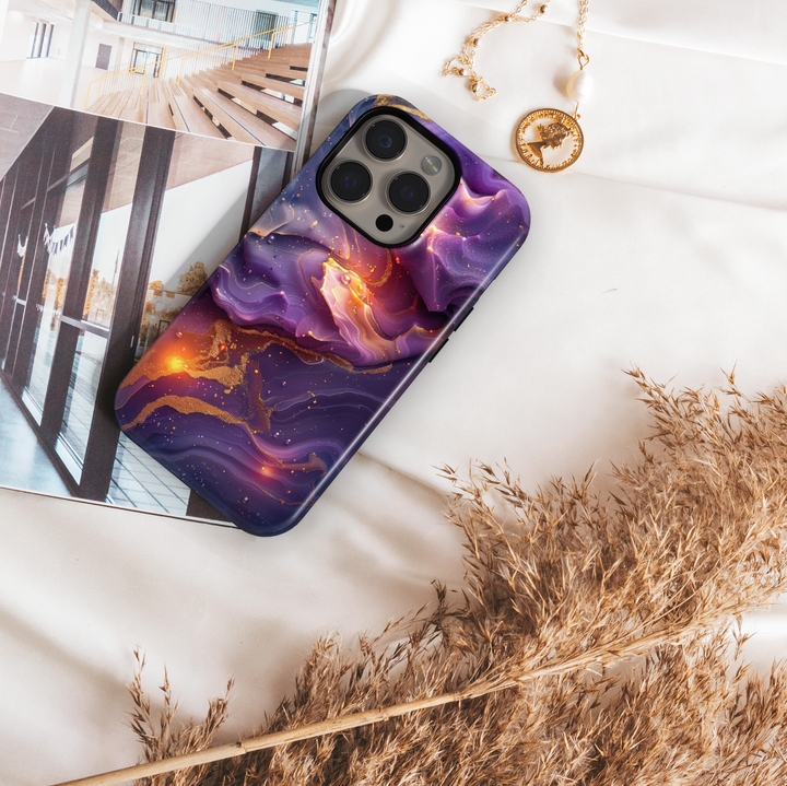 Purple swirl abstract iPhone case with golden accents and cosmic glow – stylish and protective cover for iPhone 16, 15, 14 Pro & Plus with MagSafe support.