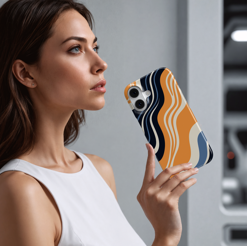 Retro orange and navy wavy striped iPhone 16 MagSafe case with vintage curves – glossy protective case for women