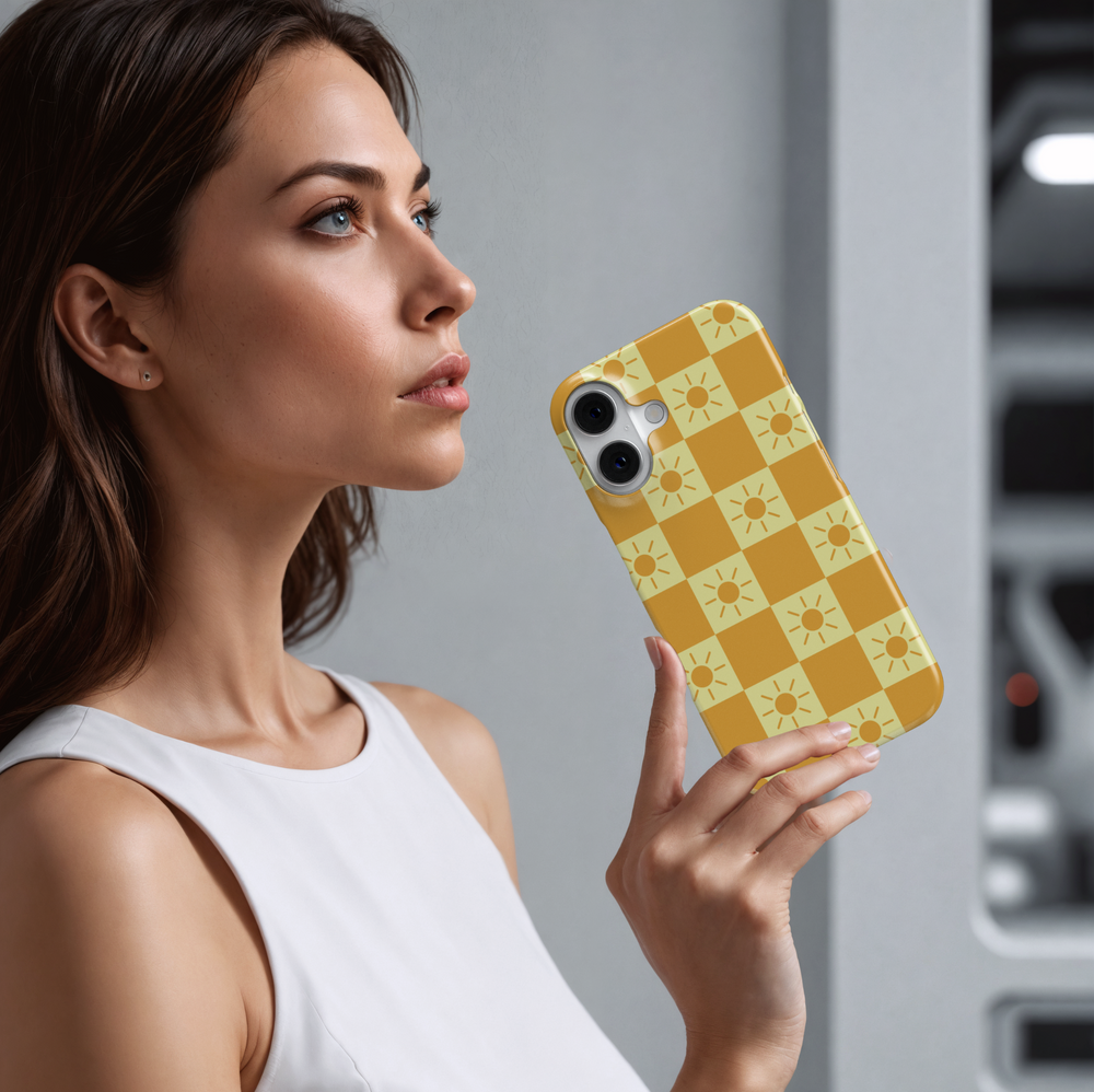 Yellow checkerboard iPhone 16 MagSafe case with sun icons – aesthetic sunny phone case for women, retro summer design