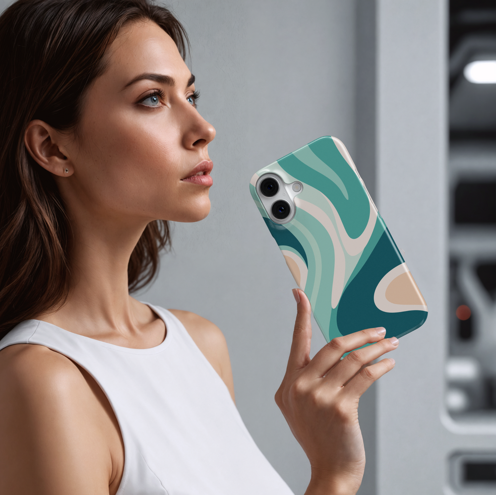 Teal and cream wavy abstract pattern on iPhone 16 MagSafe case – aesthetic protective phone case for women

