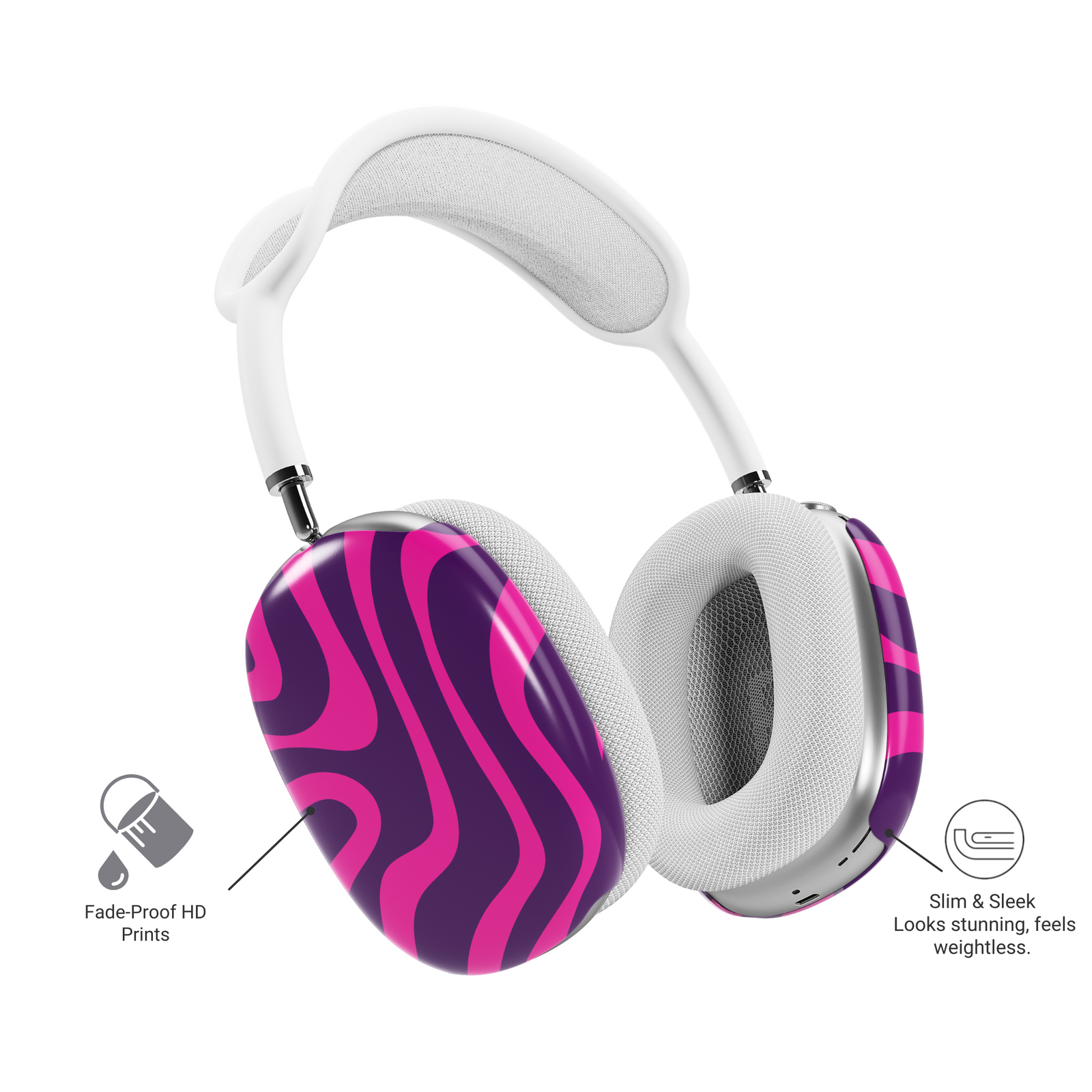 AirPods Max with glossy pink and purple wavy swirl cover design – stylish headphone accessory for women