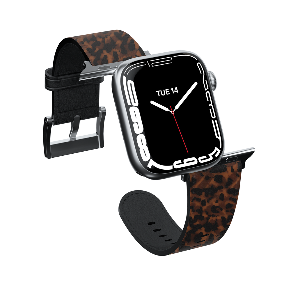 Savannah Luxe Leopard Vegan Leather Apple Watch Band with premium stainless steel buckle and soft faux suede lining compatible with Apple Watch Ultra, SE and Series 1 through 10.